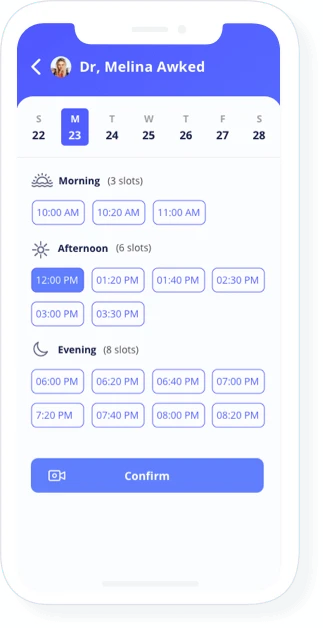 A white-label telemedicine app interface showing doctors' availability for appointments.