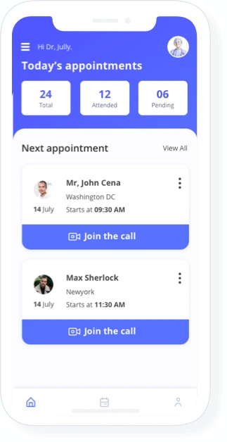 White label telemedicine app showing doctor's appointment schedule